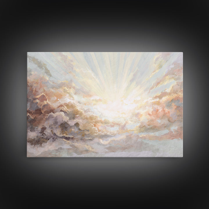 Angelic Light Rays Through Abstract Clouds Canvas Print, Meditation Art, Yoga Wall Art, Living Room Decor, Fine Art, Stillness, MED-3x2-98