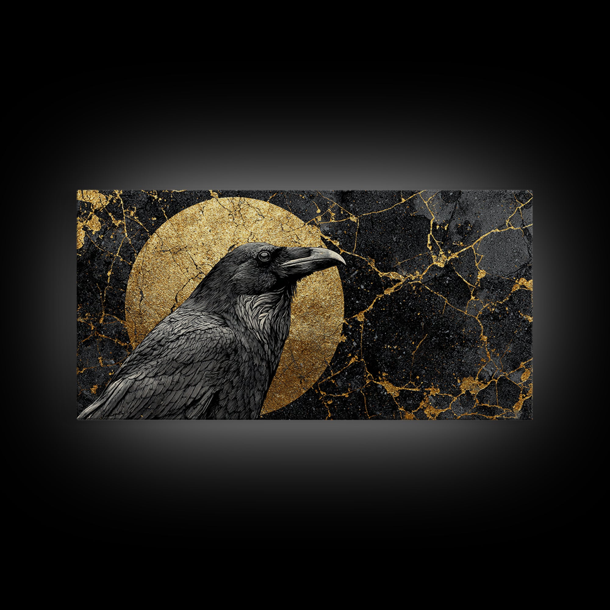 Raven Gold Canvas Print, Dark Bird Art With Lunar Circle Design, Real Wood Frame Wall Décor, Mystical Gothic Nature Artwork