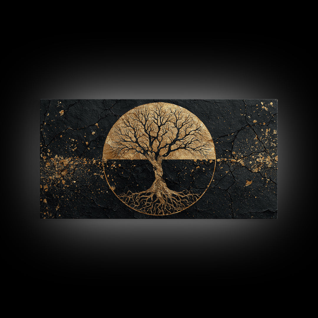 Mystical Roots Tree Gold Canvas Art, Sacred Nature Symbol Canvas Print, Real Wood Frame Wall Décor, Spiritual Mythical Decorative Artwork