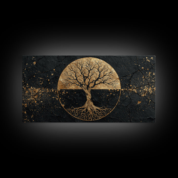 Mystical Roots Tree Gold Canvas Art, Sacred Nature Symbol Canvas Print, Real Wood Frame Wall Décor, Spiritual Mythical Decorative Artwork