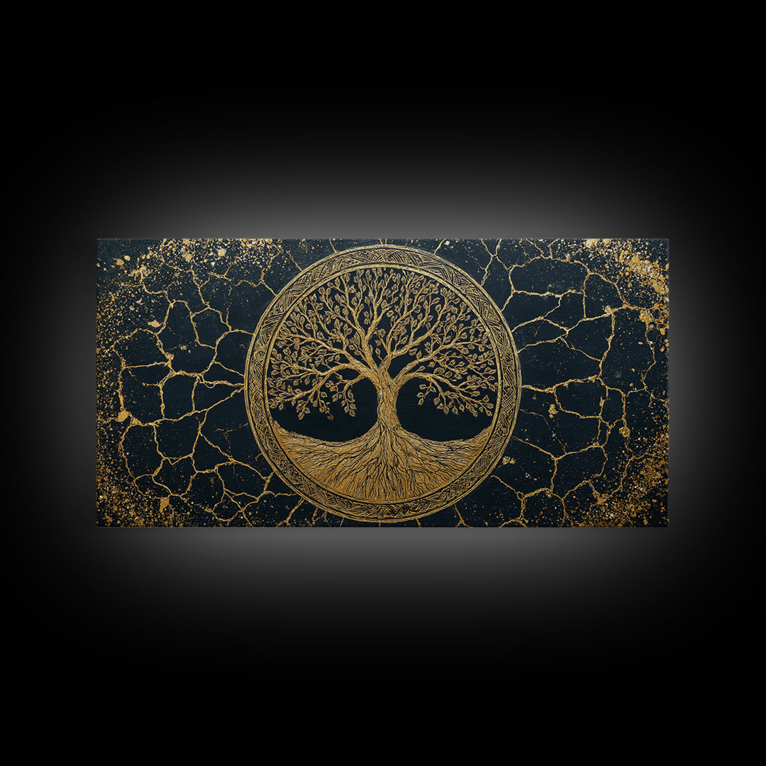 Tree Of Life Circle Gold Canvas Print, Sacred Geometry Wall Art, Norse Yggdrasil Artwork, Real Wood Frame Decor
