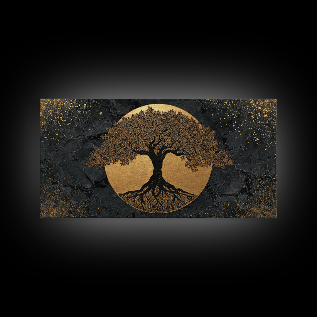Elegant Tree Of Life Gold Canvas Print, Modern Sacred Geometry Wall Art, Mystical Symbol Artwork, Real Wood Frame Decor