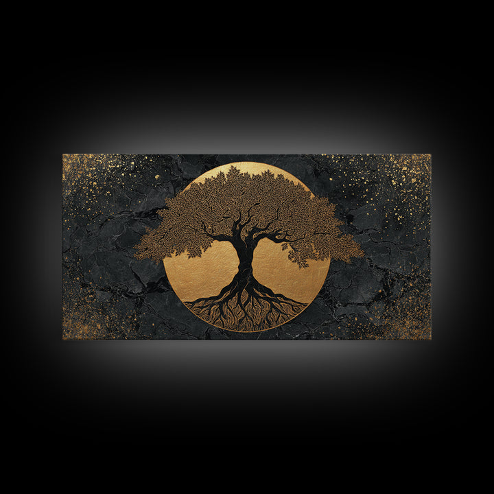 Elegant Tree Of Life Gold Canvas Print, Modern Sacred Geometry Wall Art, Mystical Symbol Artwork, Real Wood Frame Decor