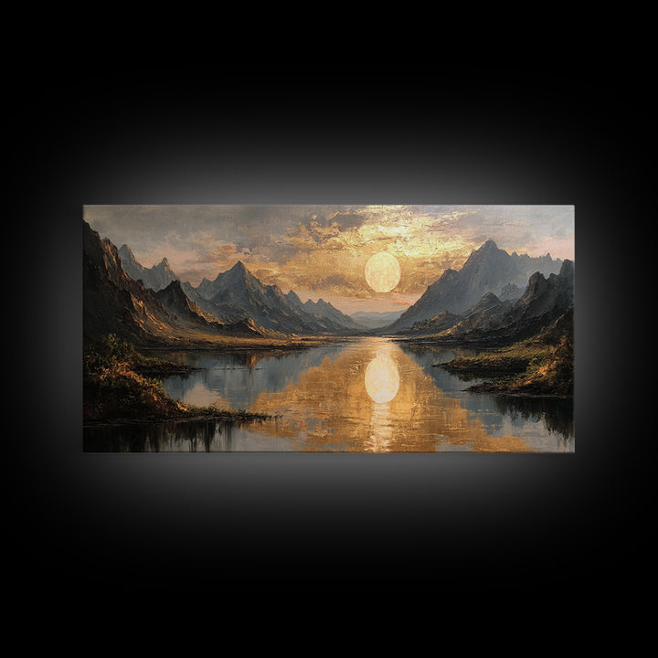 Mountain Lake Gold Canvas Print, Golden Sun Over Peaks And Reflection Art, Real Wood Frame Wall Décor, Tranquil Landscape Artwork