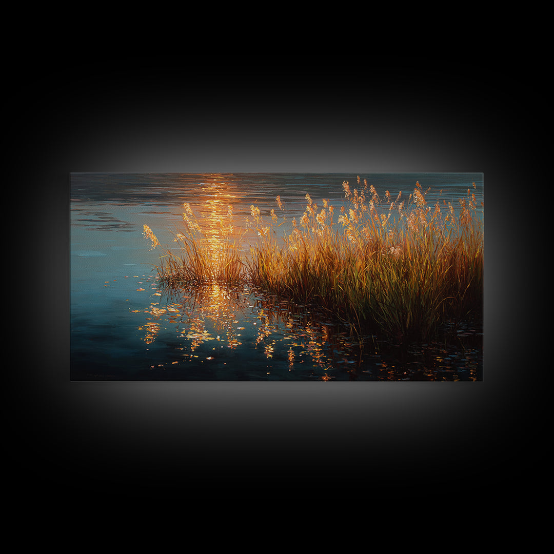 Golden Reeds Gold Canvas Art, Sunset Water Reflection With Grass Canvas Print, Real Wood Frame Wall Décor, Serene Nature Inspired Artwork
