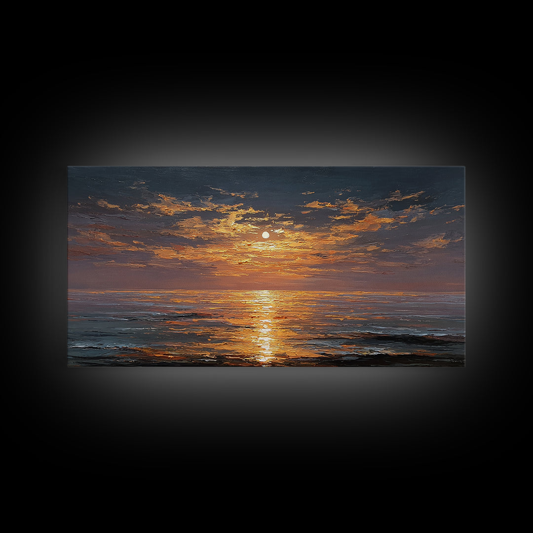 Ocean Sunset Gold Canvas Print, Radiant Sunlight Over Waves Artwork, Real Wood Frame Wall Décor, Coastal Seascape Glow Art