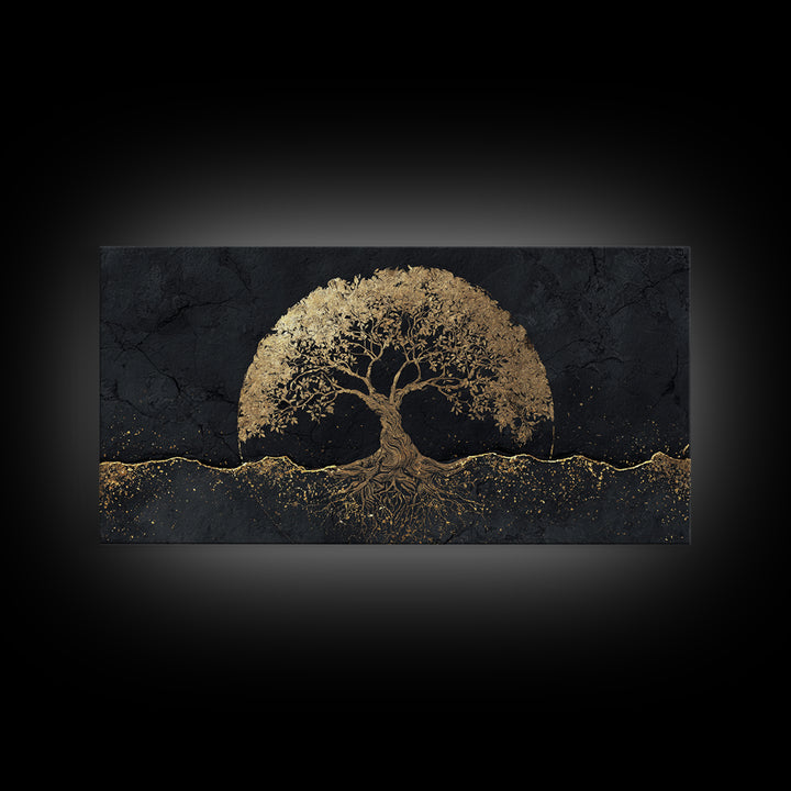 Sacred Tree Gold Canvas Art, Symbolic Roots And Branches Canvas Print, Real Wood Frame Wall Décor, Mystical Spiritual Nature Artwork