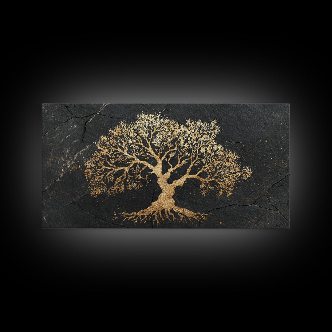 Ancient Oak Gold Canvas Print, Timeless Tree Of Life Design Artwork, Real Wood Frame Wall Décor, Nature Inspired Mystical Symbol Art
