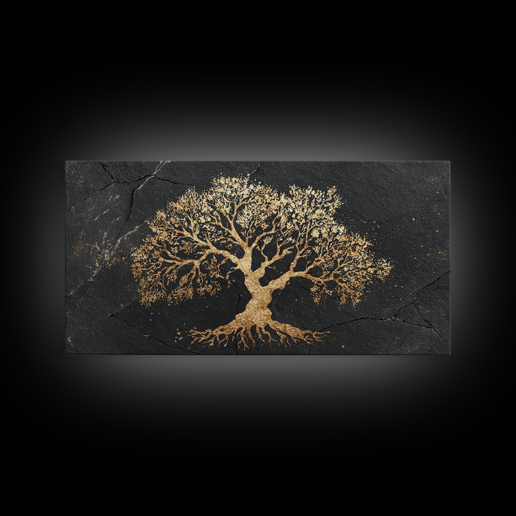 Ancient Oak Gold Canvas Print, Timeless Tree Of Life Design Artwork, Real Wood Frame Wall Décor, Nature Inspired Mystical Symbol Art