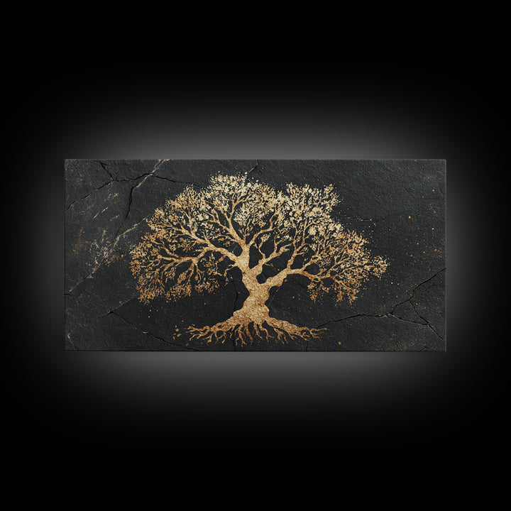 Ancient Oak Gold Canvas Print, Timeless Tree Of Life Design Artwork, Real Wood Frame Wall Décor, Nature Inspired Mystical Symbol Art