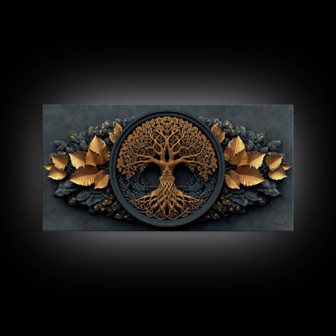 Decorative Tree Of Life Gold Canvas Art, Ornate Circle Design Canvas Print, Real Wood Frame Wall Décor, Luxurious Nature Inspired Artwork