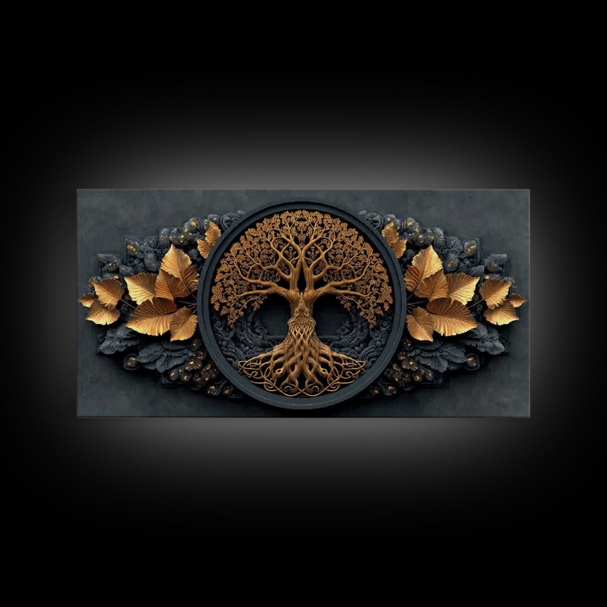 Decorative Tree Of Life Gold Canvas Art, Ornate Circle Design Canvas Print, Real Wood Frame Wall Décor, Luxurious Nature Inspired Artwork