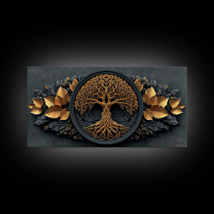 Decorative Tree Of Life Gold Canvas Art, Ornate Circle Design Canvas Print, Real Wood Frame Wall Décor, Luxurious Nature Inspired Artwork