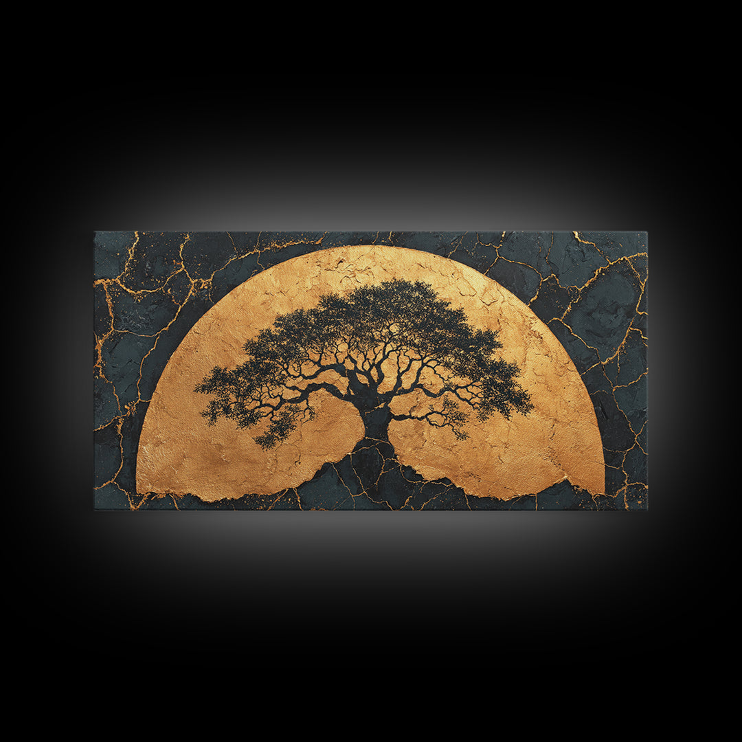 Golden Horizon Tree Gold Canvas Print, Majestic Nature Symbol Artwork, Real Wood Frame Wall Décor, Sacred Celestial Inspired Art