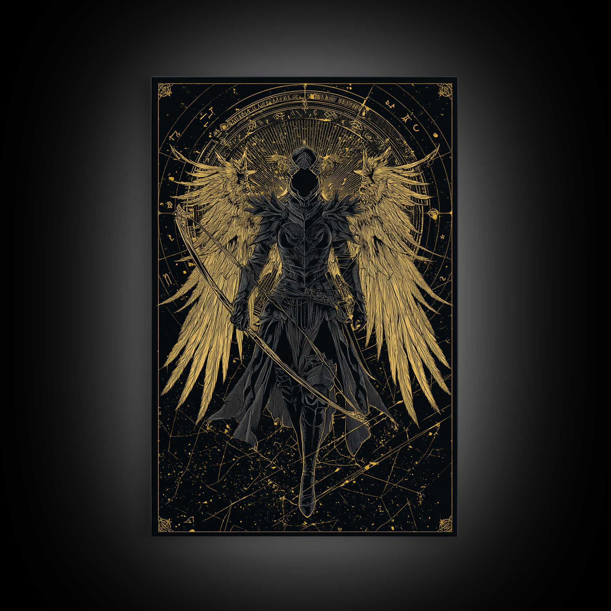 Armored Angel Gold Canvas Art, Celestial Guardian With Bow Canvas Print, Real Wood Frame Wall Décor, Mythology Warrior Artwork