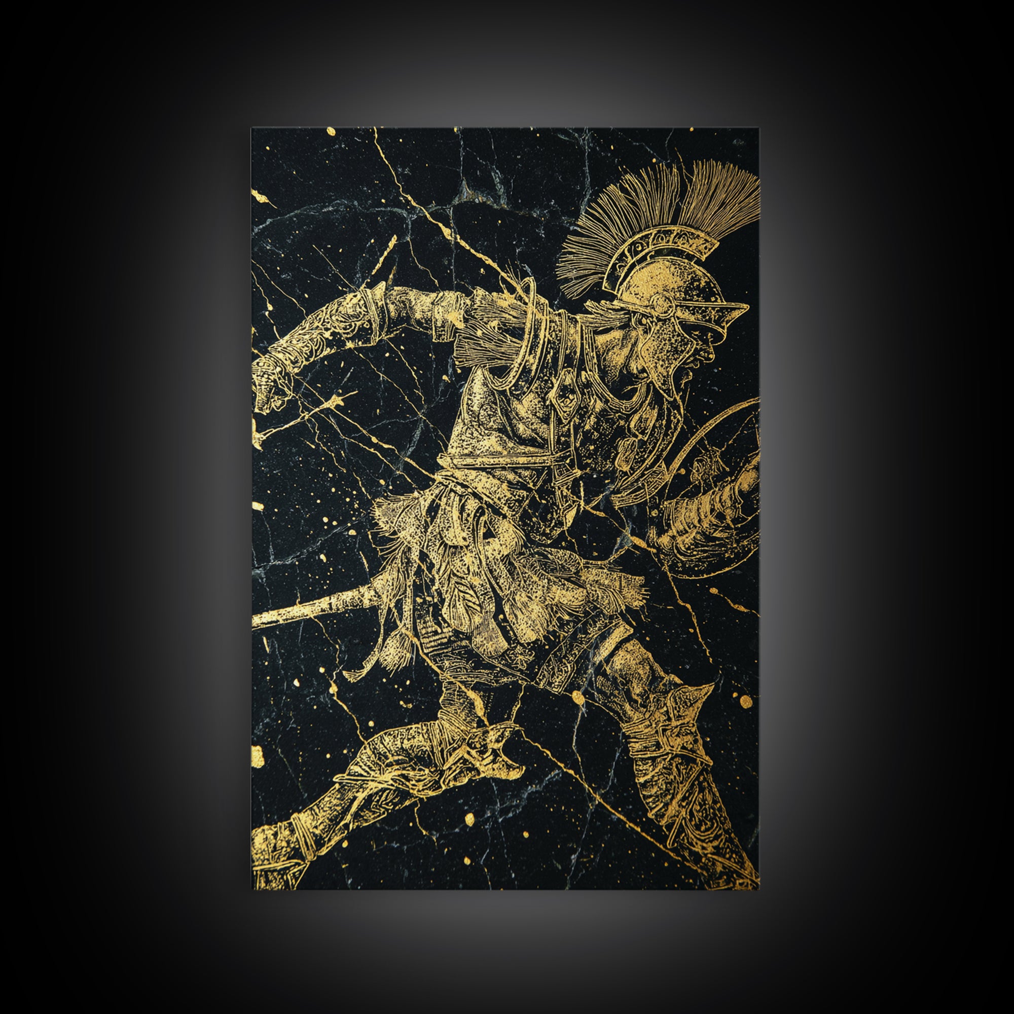 Roman Gladiator Gold Canvas Print, Ancient Warrior Art On Canvas, Real Wood Frame Wall Décor, Historical Mythology Artwork