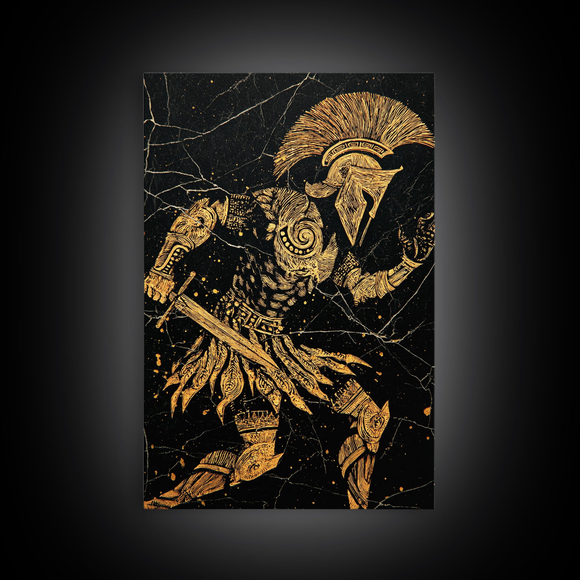 Spartan Warrior Gold Canvas Art, Ancient Soldier Canvas Print, Real Wood Frame Wall Décor, Heroic Mythology Battle Artwork