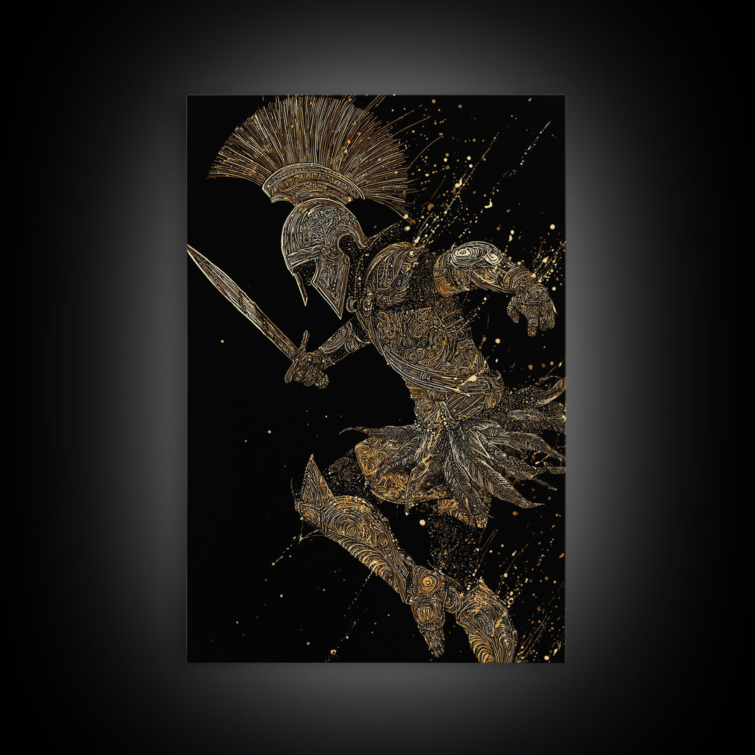 Charging Gladiator Gold Canvas Print, Warrior In Action Art On Canvas, Real Wood Frame Décor, Ancient Mythology Artwork