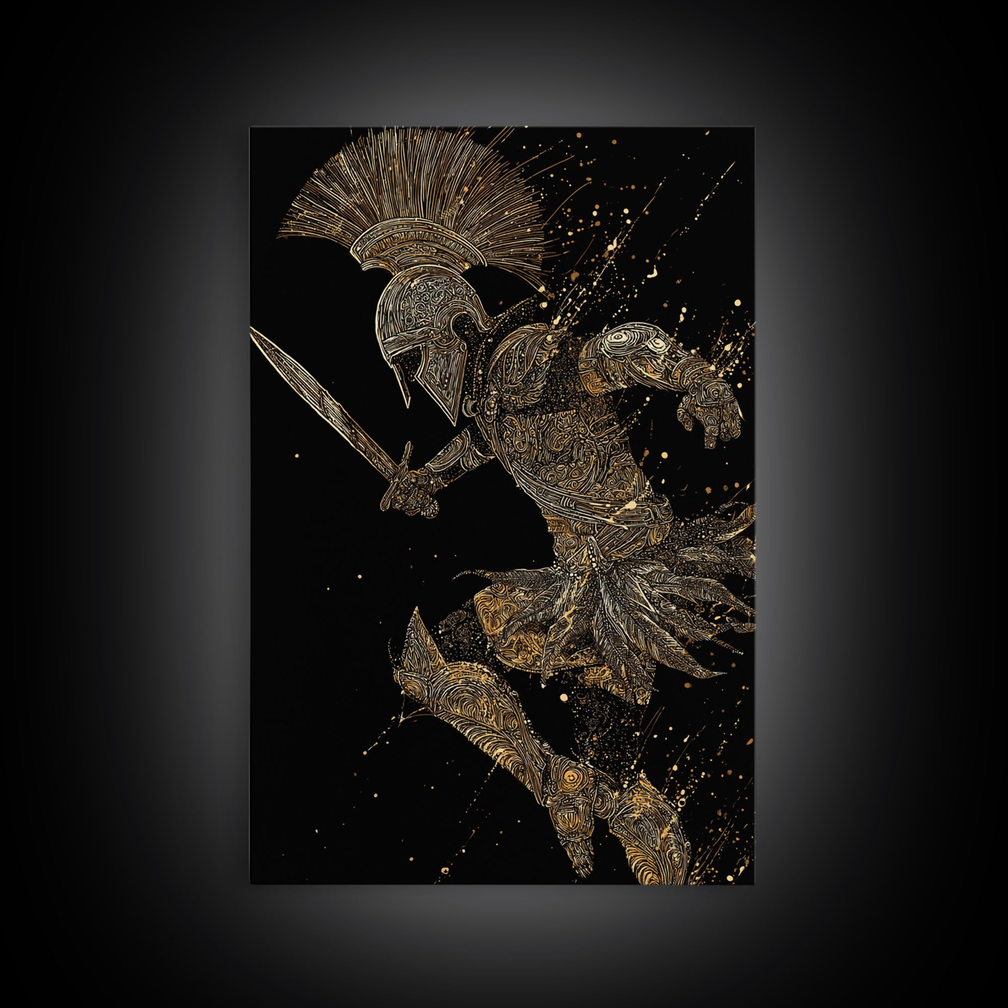 Charging Gladiator Gold Canvas Print, Warrior In Action Art On Canvas, Real Wood Frame Décor, Ancient Mythology Artwork