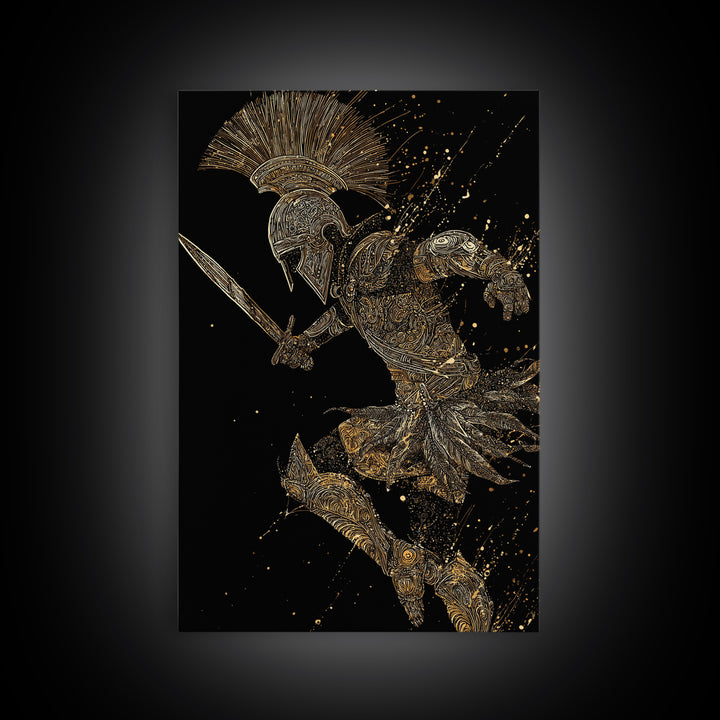 Charging Gladiator Gold Canvas Print, Warrior In Action Art On Canvas, Real Wood Frame Décor, Ancient Mythology Artwork