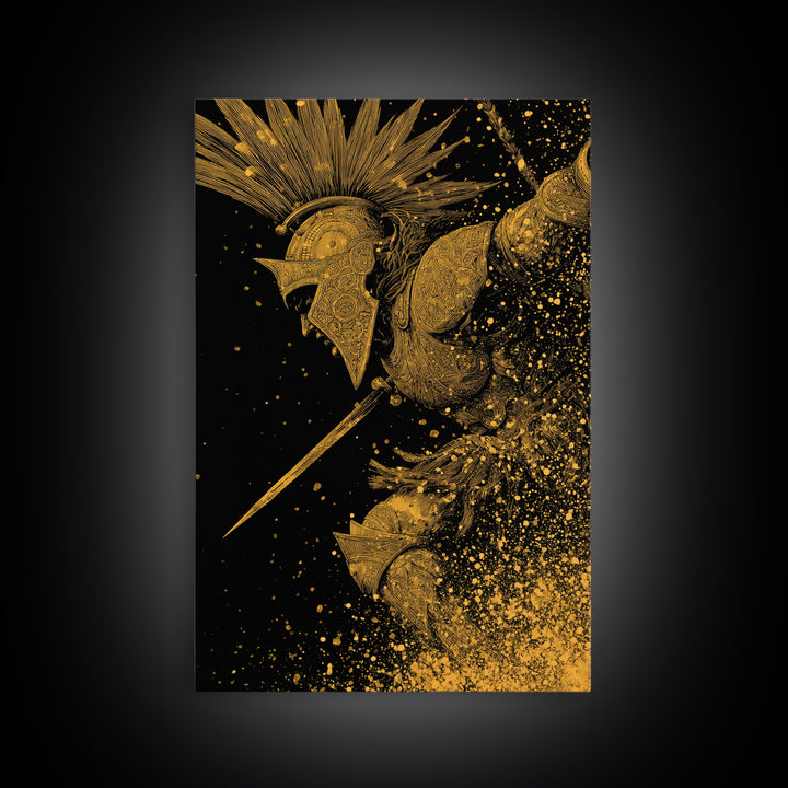 Epic Spartan Gold Canvas Art, Ancient Battle Warrior Canvas Print, Real Wood Frame Wall Décor, Heroic Mythology Statement Artwork
