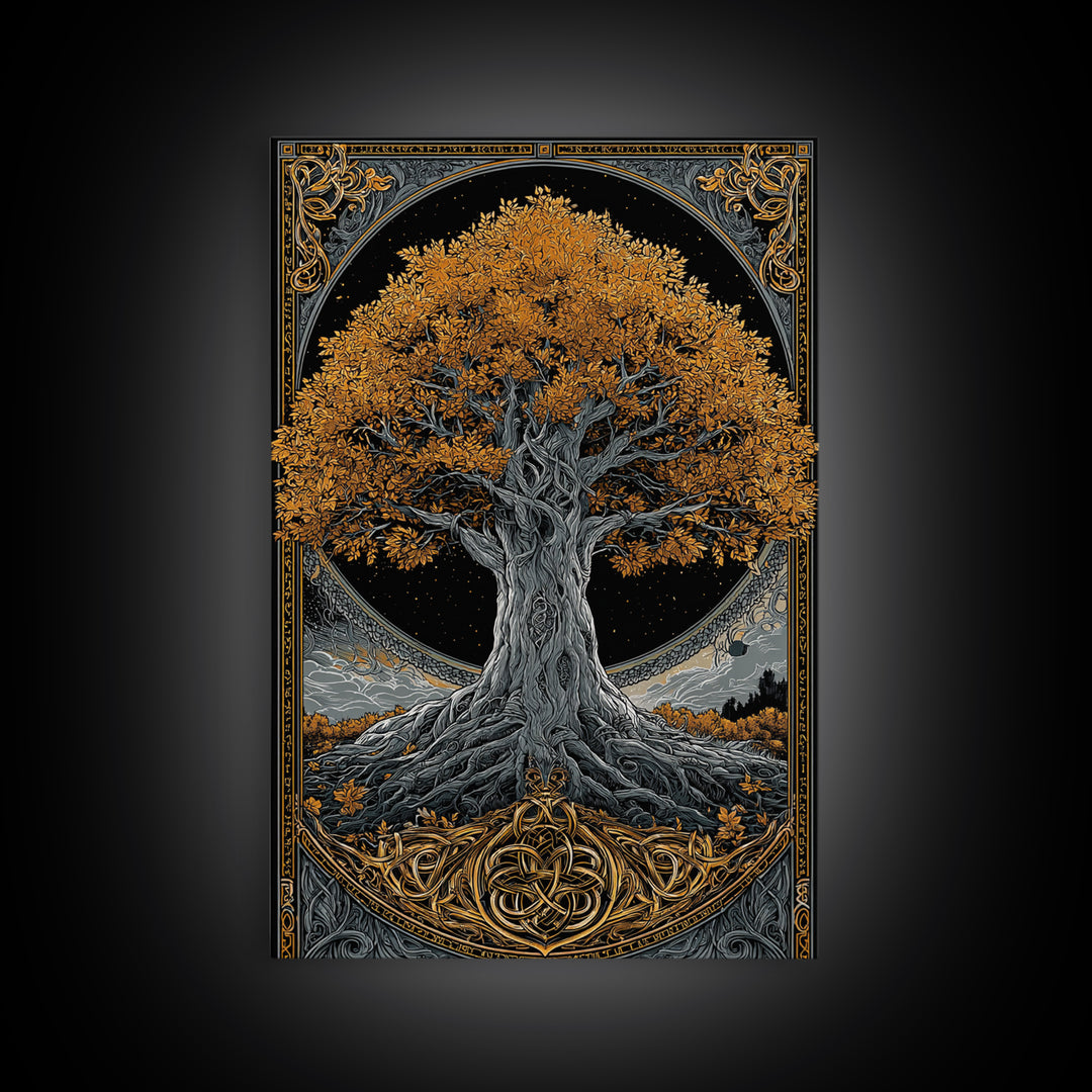 Yggdrasil Tree Gold Canvas Print, Norse Mythology Art On Canvas, Real Wood Frame Wall Décor, Sacred Viking Symbol Artwork