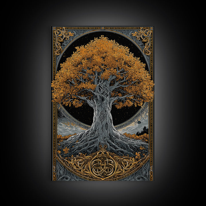 Yggdrasil Tree Gold Canvas Print, Norse Mythology Art On Canvas, Real Wood Frame Wall Décor, Sacred Viking Symbol Artwork