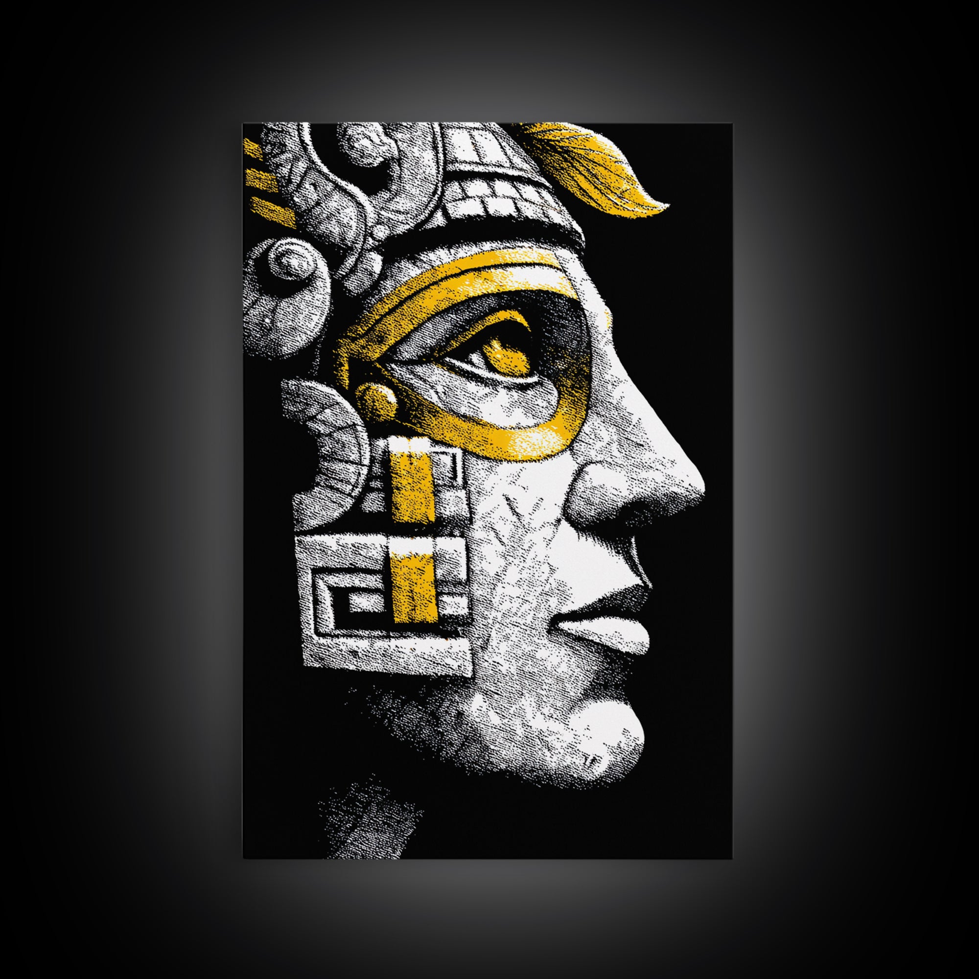 Aztec Warrior Gold Canvas Art, Ancient Tribal Mask Canvas Print, Real Wood Frame Wall Décor, Pre-Columbian Mythology Artwork