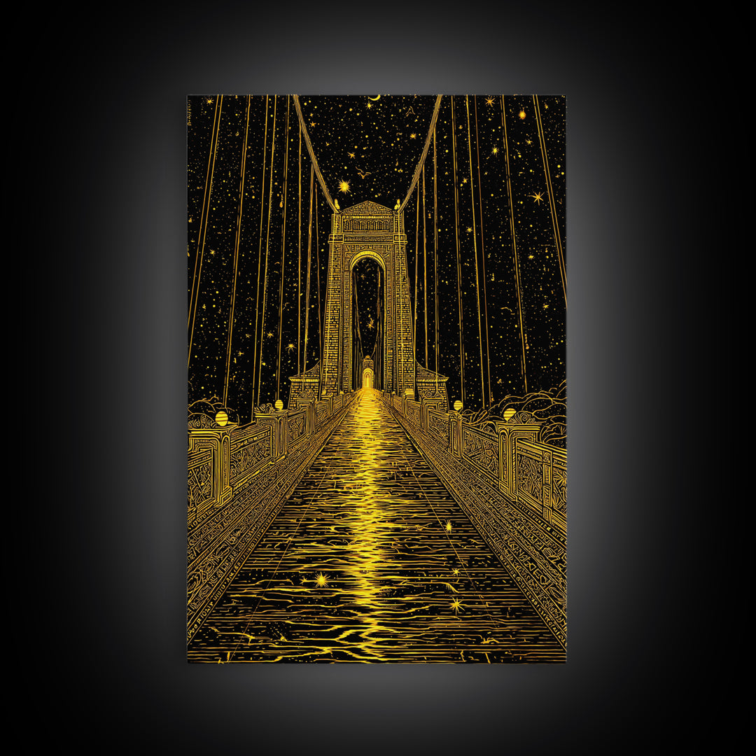 Celestial Bridge Gold Canvas Print, Fantasy Gateway Art On Canvas, Real Wood Frame Wall Décor, Mystical Night Sky Artwork