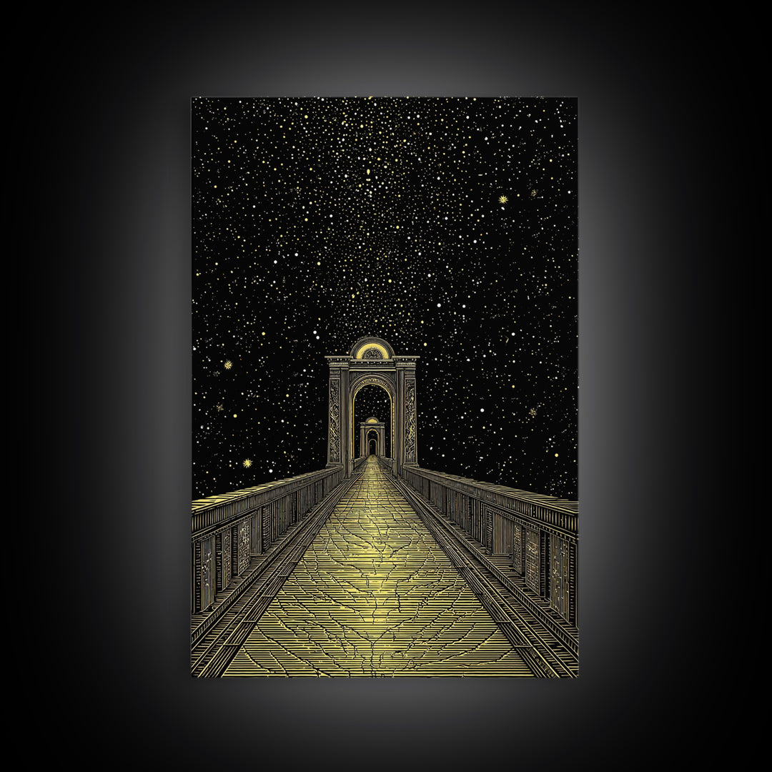 Starlit Path Gold Canvas Art, Fantasy Bridgeway Canvas Print, Real Wood Frame Wall Décor, Celestial Mythology Dream Artwork