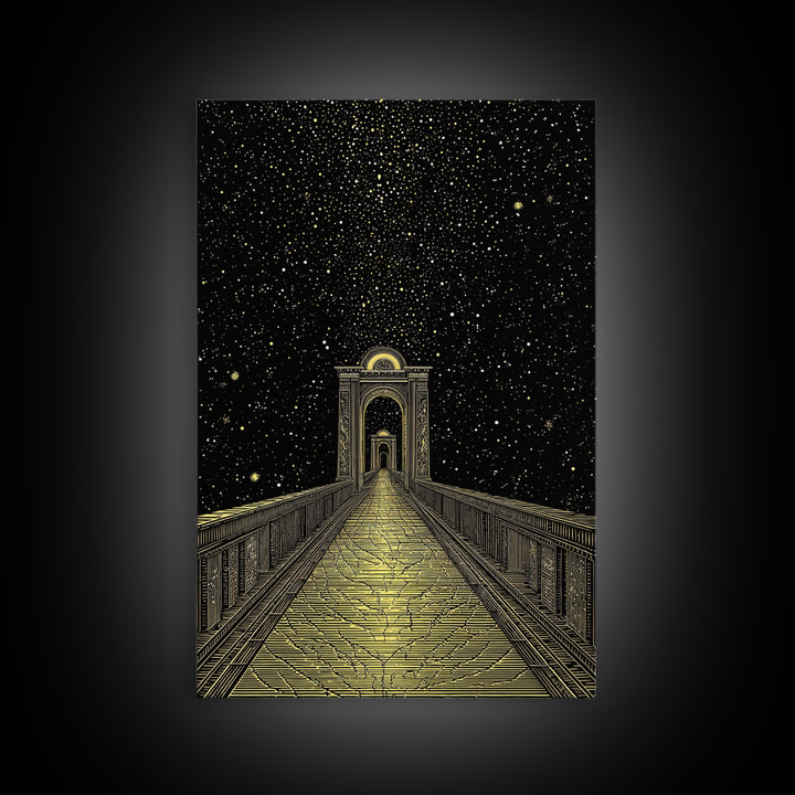Starlit Path Gold Canvas Art, Fantasy Bridgeway Canvas Print, Real Wood Frame Wall Décor, Celestial Mythology Dream Artwork