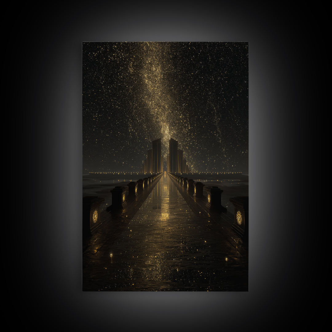 Cosmic Gateway Gold Canvas Print, Mystical Fantasy Bridge Art On Canvas, Real Wood Frame Décor, Starry Sky Celestial Artwork
