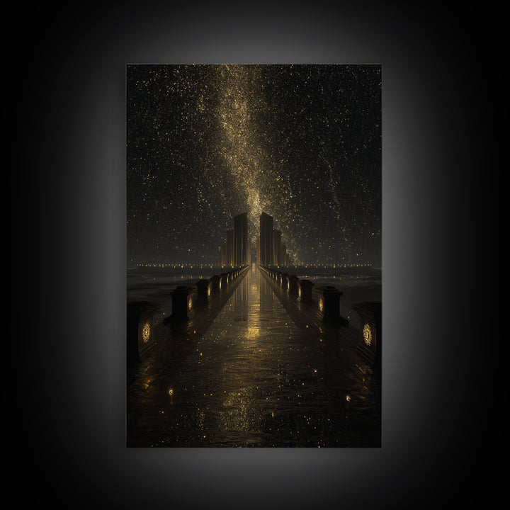 Cosmic Gateway Gold Canvas Print, Mystical Fantasy Bridge Art On Canvas, Real Wood Frame Décor, Starry Sky Celestial Artwork