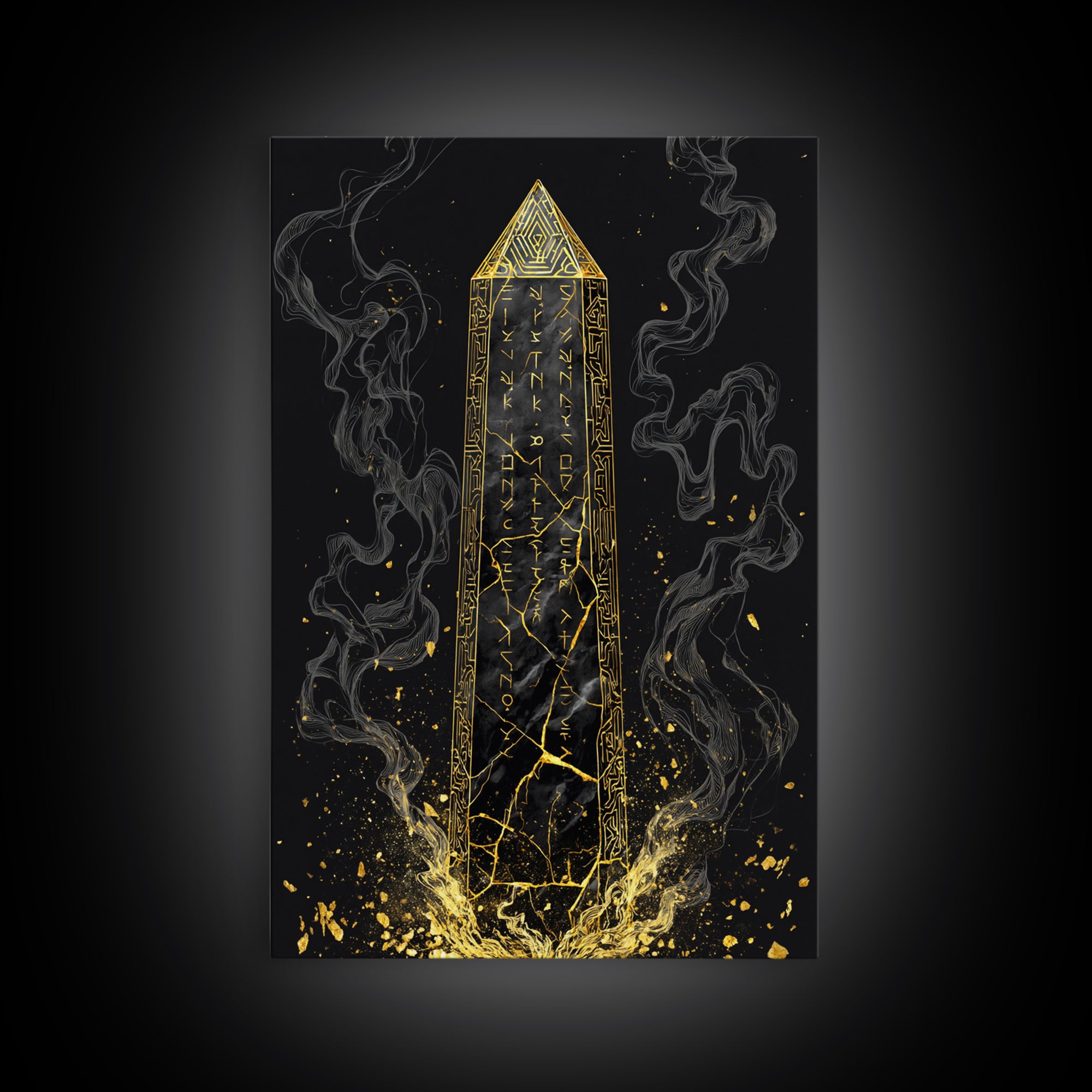 Runic Obelisk Gold Canvas Art, Mystical Stone Wall Print On Canvas, Real Wood Frame Decor, Ancient Fantasy Symbolic Artwork