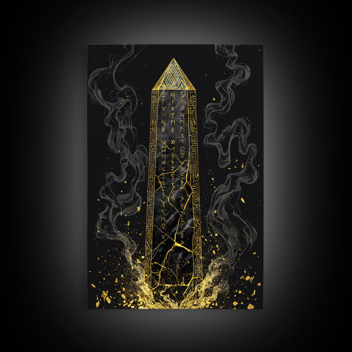 Runic Obelisk Gold Canvas Art, Mystical Stone Wall Print On Canvas, Real Wood Frame Decor, Ancient Fantasy Symbolic Artwork