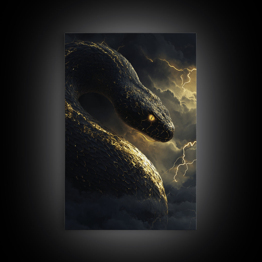 Mythical Serpent Gold Canvas Art, Norse Jormungandr Snake Canvas Print, Real Wood Frame Wall Décor, Fantasy Mythology Creature Artwork