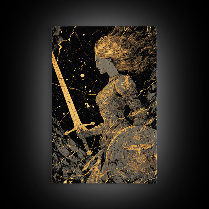 Warrior Maiden Gold Canvas Print, Female Knight With Sword And Shield Artwork, Real Wood Frame Wall Décor, Heroic Fantasy Art