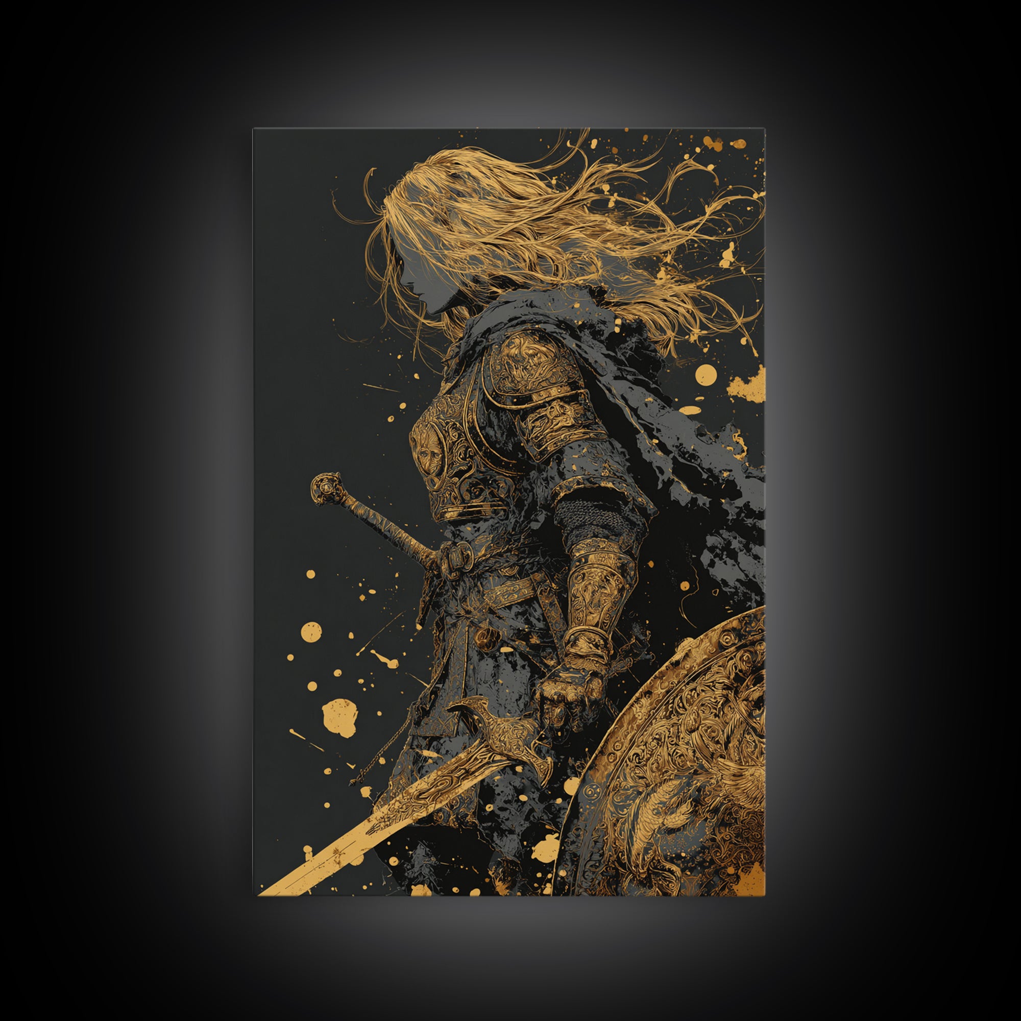 Golden Armored Knight Gold Canvas Art, Female Warrior With Sword And Shield Canvas Print, Real Wood Frame Wall Décor, Mythic Battle Art