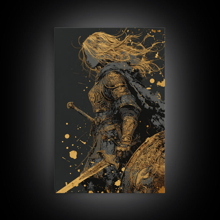 Golden Armored Knight Gold Canvas Art, Female Warrior With Sword And Shield Canvas Print, Real Wood Frame Wall Décor, Mythic Battle Art