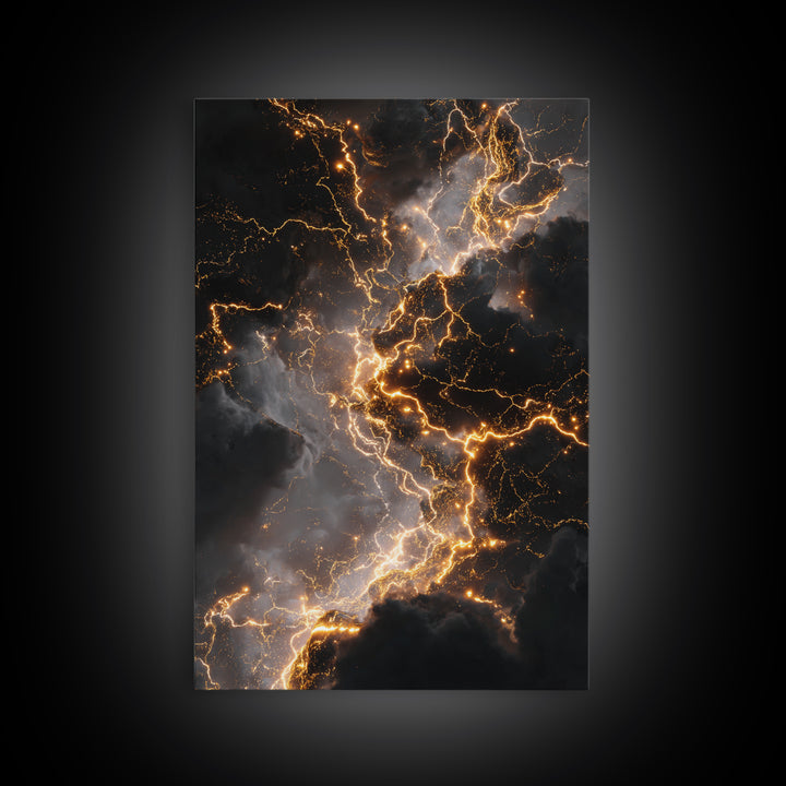 Celestial Lightning Storm Gold Canvas Art, Abstract Thunder Energy Canvas Print, Real Wood Frame Wall Décor, Dramatic Cosmic Power Artwork
