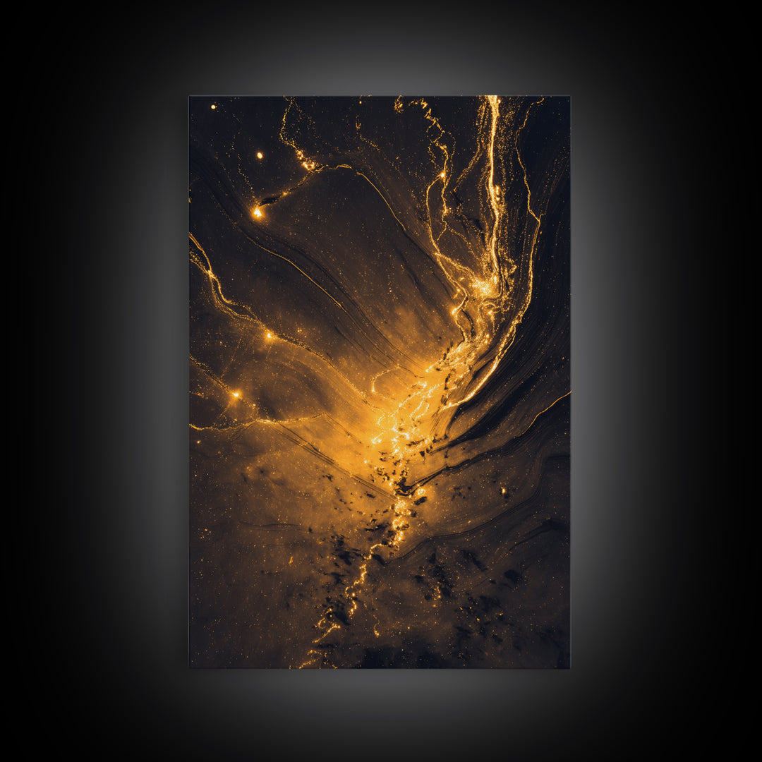 Golden River Flow Gold Canvas Print, Abstract Liquid Energy Artwork On Canvas, Real Wood Frame Wall Décor, Celestial Fluid Art