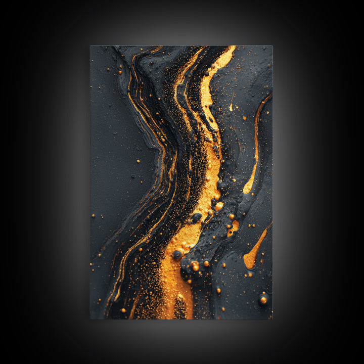 Abstract Gold Flow Art, Modern Luxury Canvas Print With Real Wood Frame, Fluid River Inspired Wall Décor, Contemporary Statement Artwork