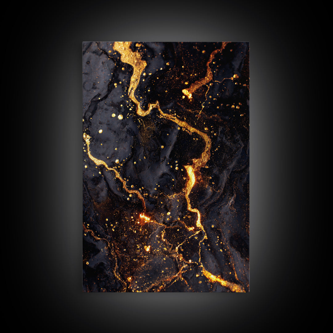 Abstract Lava Veins Gold Canvas Print, Modern Luxury Flow Artwork On Canvas, Real Wood Frame Wall Décor, Dramatic Statement Art