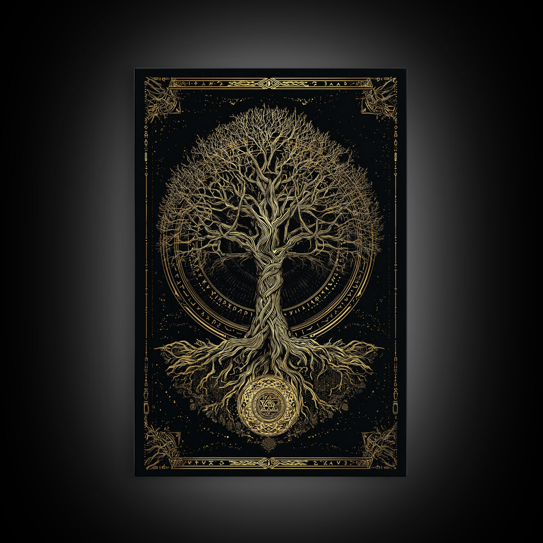 Sacred Yggdrasil Gold Canvas Art, Norse Mythology Tree Of Life Canvas Print, Real Wood Frame Wall Décor, Mystical Viking Symbol Artwork