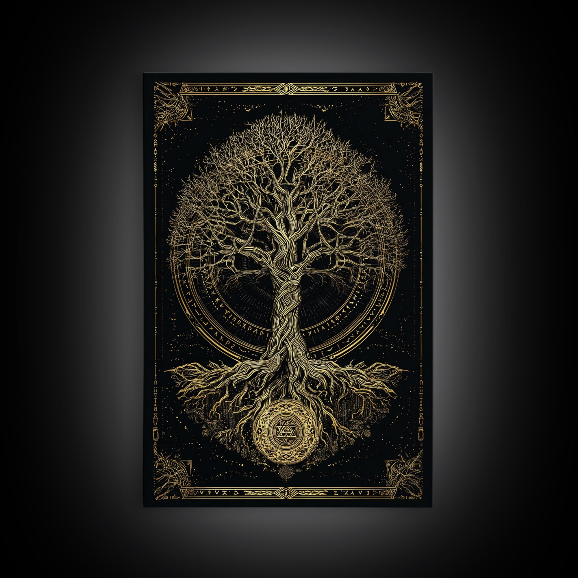 Sacred Yggdrasil Gold Canvas Art, Norse Mythology Tree Of Life Canvas Print, Real Wood Frame Wall Décor, Mystical Viking Symbol Artwork