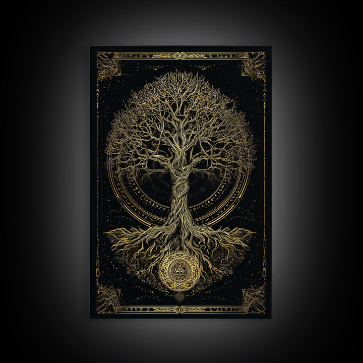 Sacred Yggdrasil Gold Canvas Art, Norse Mythology Tree Of Life Canvas Print, Real Wood Frame Wall Décor, Mystical Viking Symbol Artwork