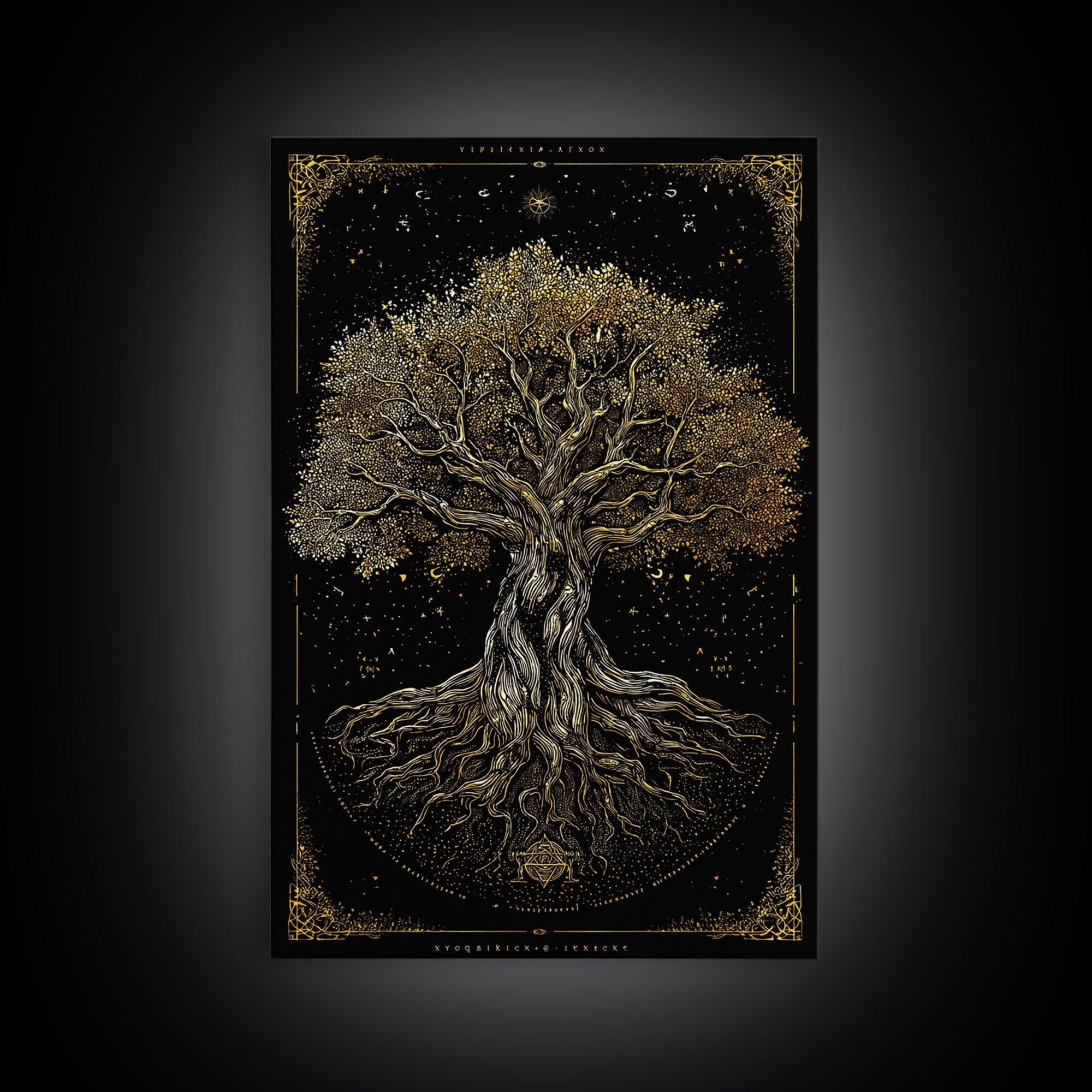 Ancient Cosmic Tree Gold Canvas Print, Norse Mythology Inspired Yggdrasil Artwork, Real Wood Frame Wall Décor, Mystical Fantasy Art