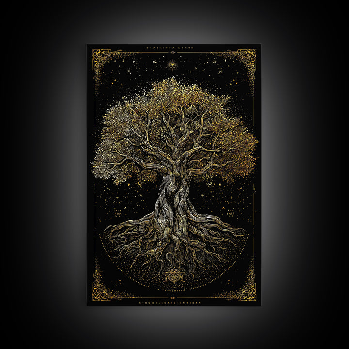 Ancient Cosmic Tree Gold Canvas Print, Norse Mythology Inspired Yggdrasil Artwork, Real Wood Frame Wall Décor, Mystical Fantasy Art