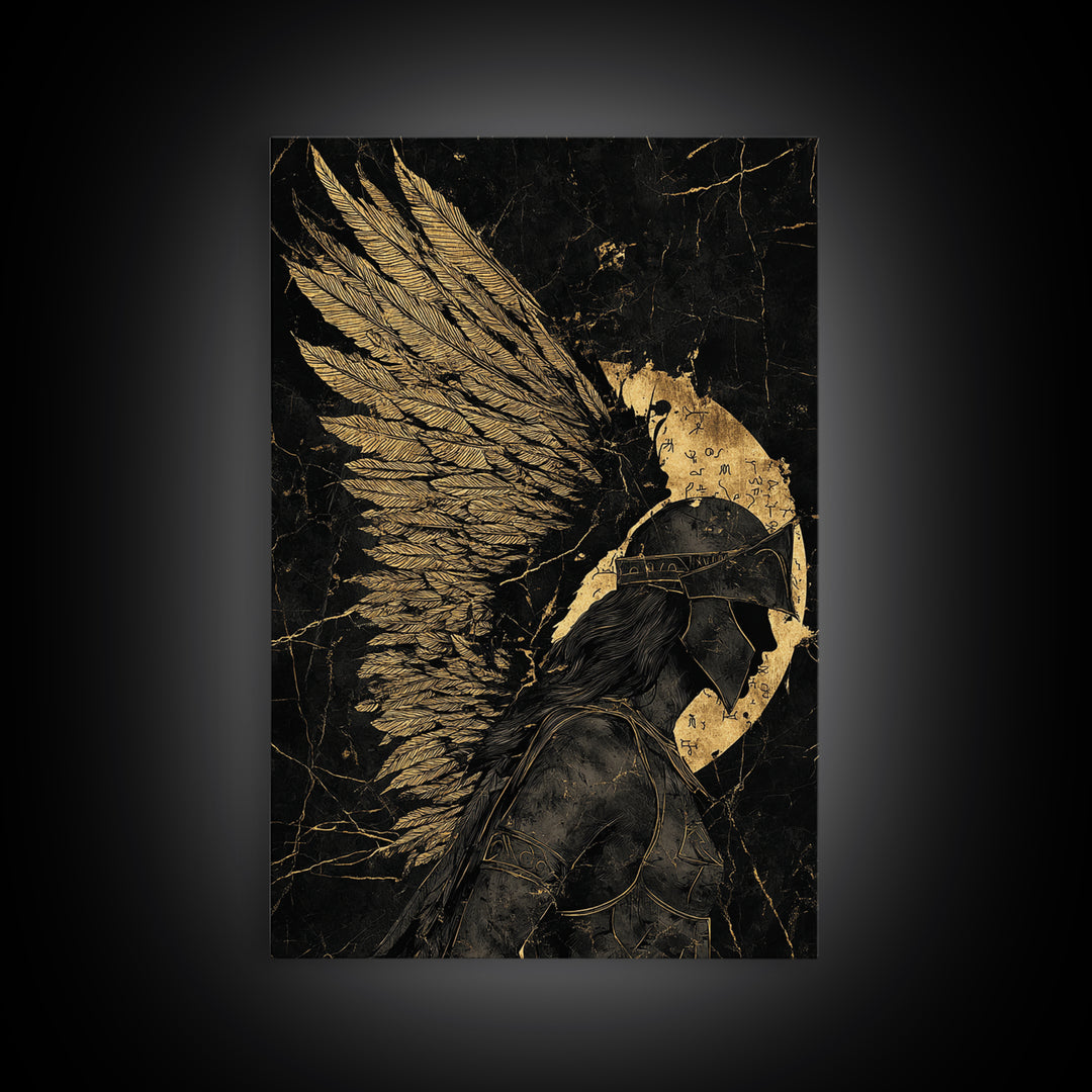 Winged Warrior Gold Canvas Print, Angelic Guardian Art On Canvas, Real Wood Frame Decor, Mythology Spiritual Wall Artwork