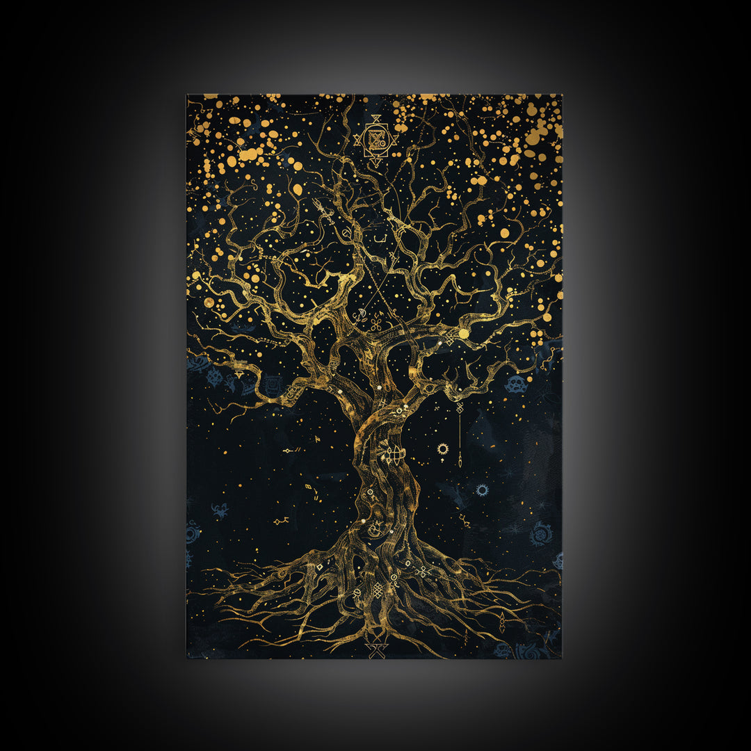 Mystical Tree Of Life Gold Canvas Art, Celestial Symbolic Nature Canvas Print, Real Wood Frame Wall Décor, Sacred Mythology Fantasy Artwork